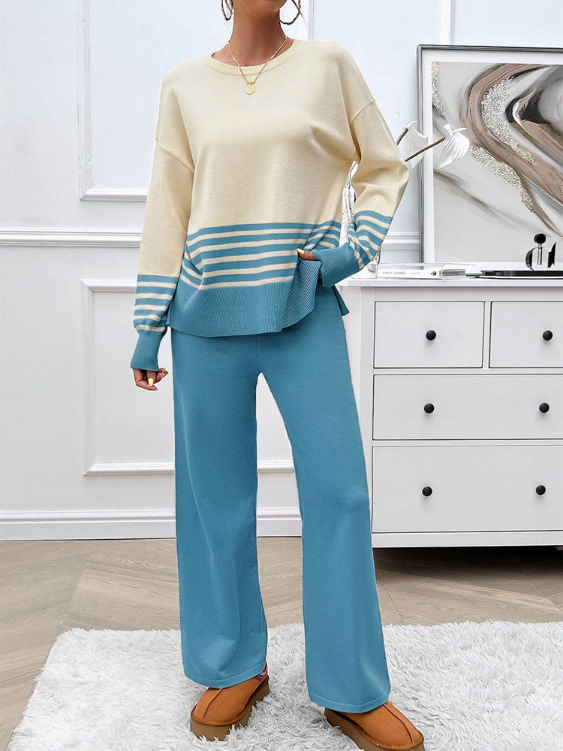 Devine Slit Striped Round Neck Top and Pants Sweater Set - Delanoir