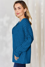 Basic Bae Full Size Ribbed Half Button Long Sleeve T-Shirt - Delanoir