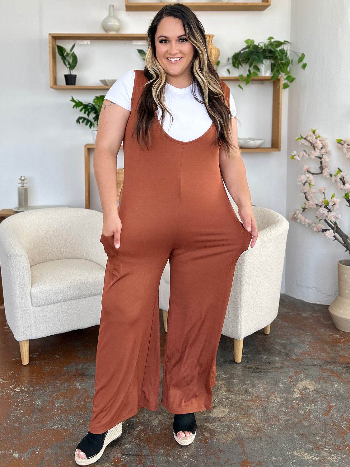 Double Take Full Size Sleeveless Wide Leg Jumpsuit with Pockets - Delanoir