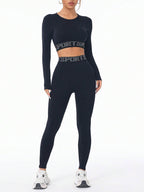 Letter Print Round Neck Long Sleeve Top and Leggings Active Set - Delanoir