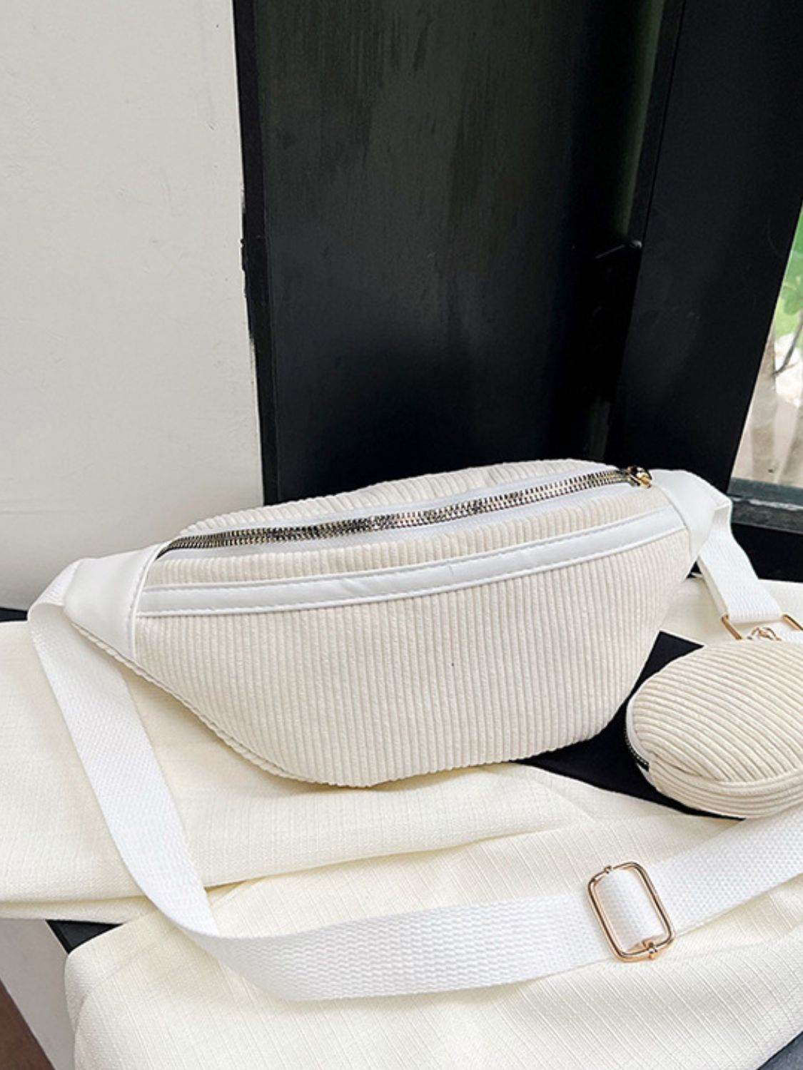 Corduroy Adjustable Strap Crossbody Bag with Pouch - Delanoir