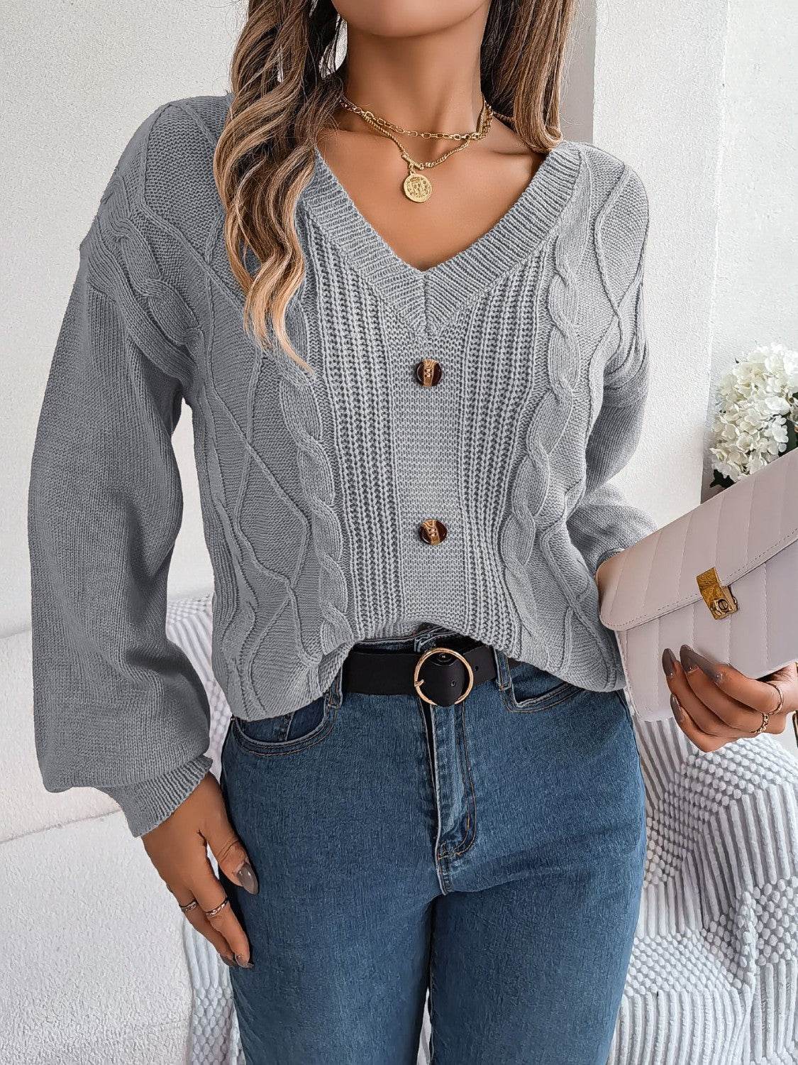 Cable-Knit Buttoned V-Neck Sweater - Delanoir