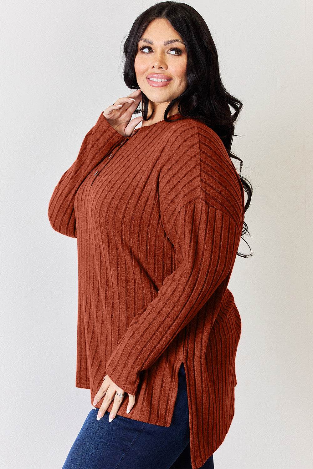 Basic Bae Full Size Ribbed Half Button Long Sleeve High-Low T-Shirt - Delanoir