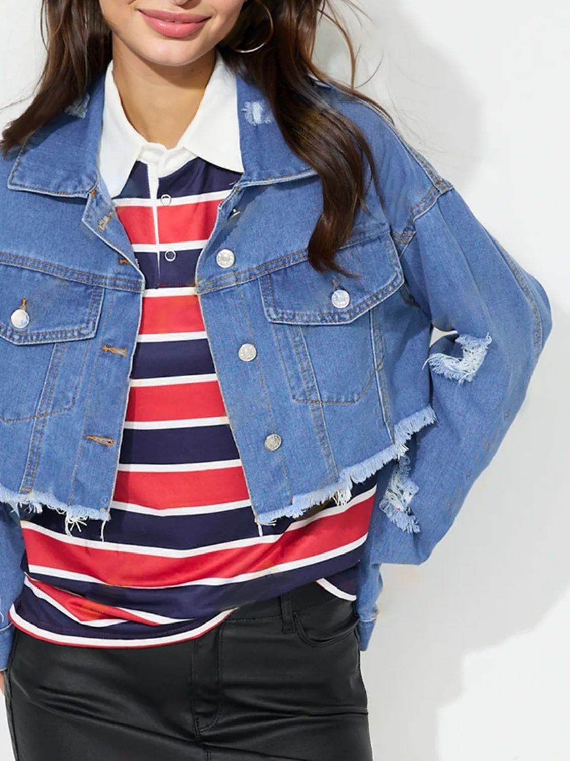 Raw Hem Collared Neck Cropped Denim Top - Delanoir