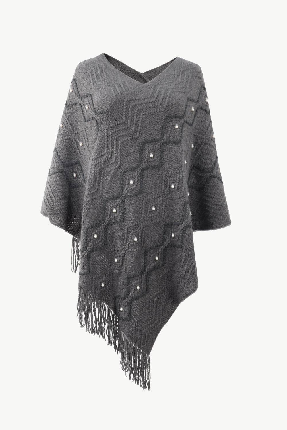 Pearl Trim V-Neck Fringe Hem Poncho - Delanoir