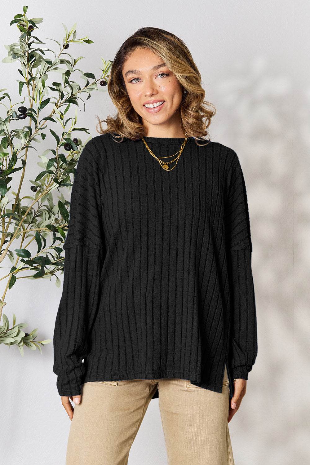 Basic Bae Full Size Ribbed Round Neck Slit Knit Top - Delanoir