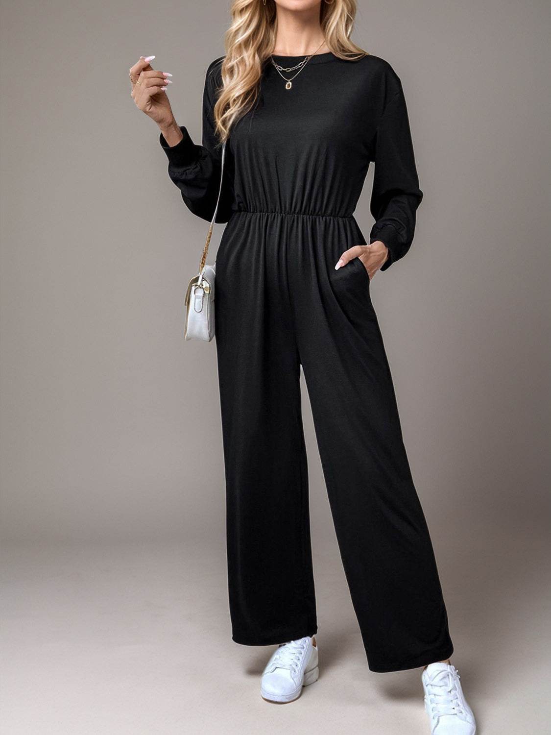 Tied Round Neck Wide Leg Jumpsuit - Delanoir