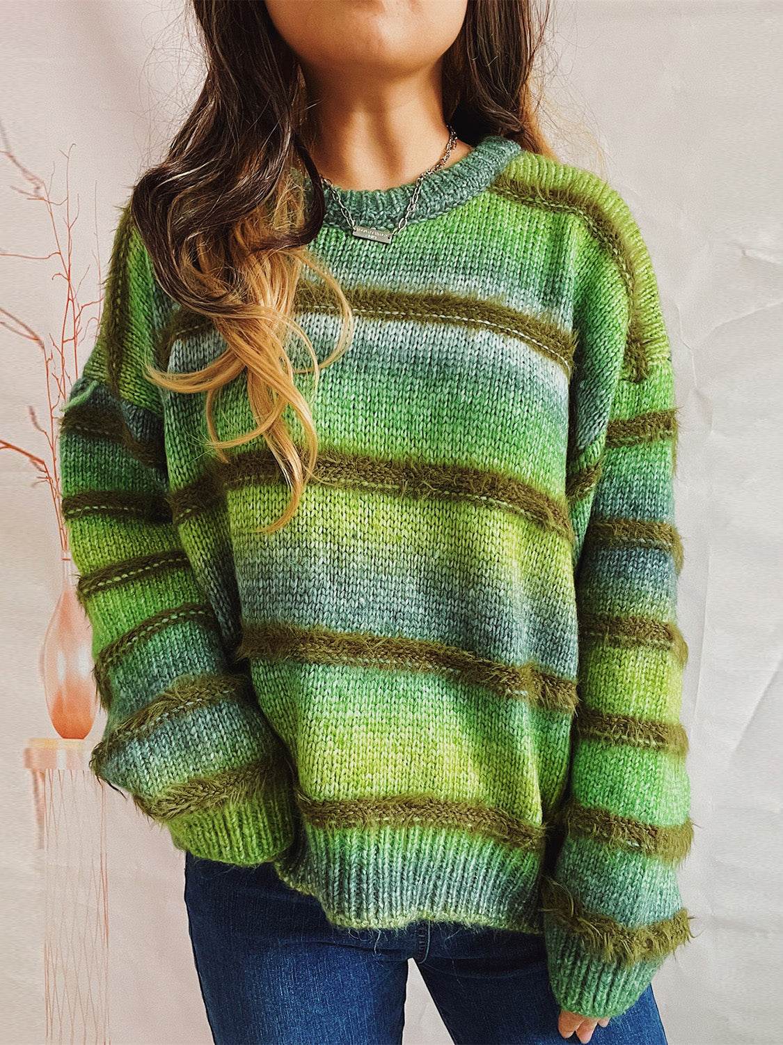 Striped Round Neck Long Sleeve Sweater - Delanoir