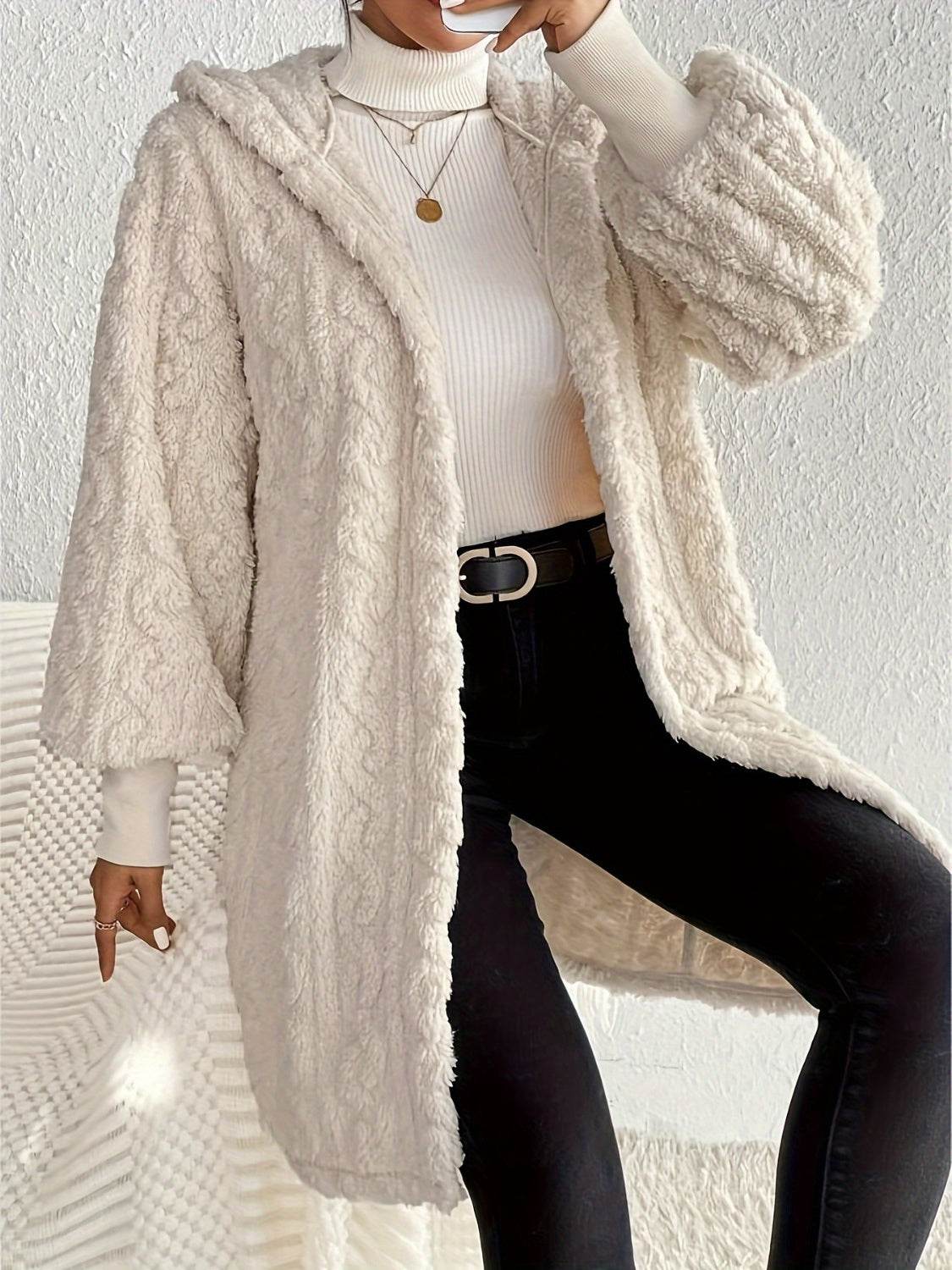 Open Front Long Sleeve Fuzzy Hooded Jacket - Delanoir
