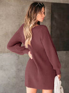 Perfee V-Neck Long Sleeve Sweater Dress - Delanoir