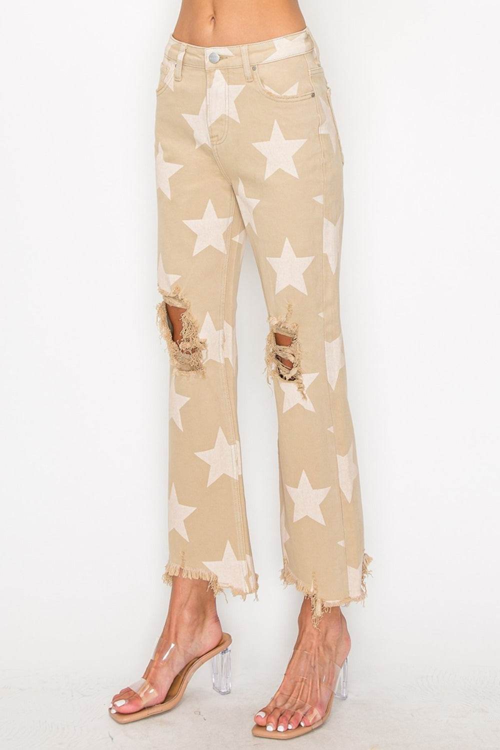 RISEN Full Size High Rise Star Printed Frayed Hem Jeans - Delanoir