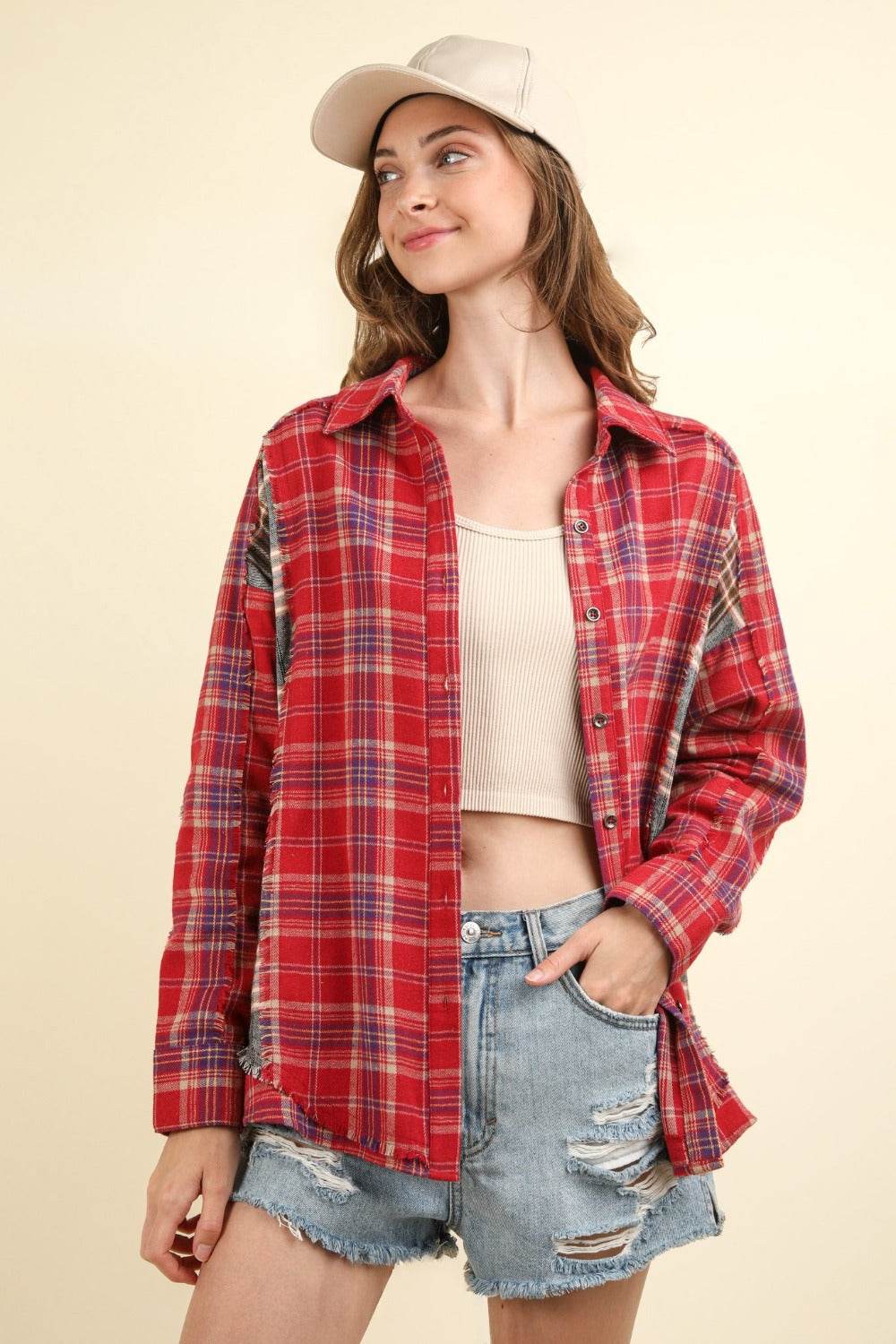 VERY J Contrast Plaid Raw Detail Shirt - Delanoir
