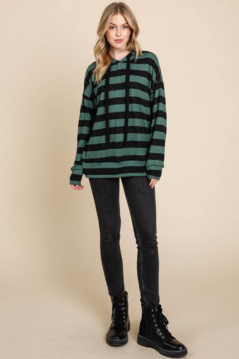 BOMBOM Drawstring Striped Dropped Shoulder Hoodie - Delanoir