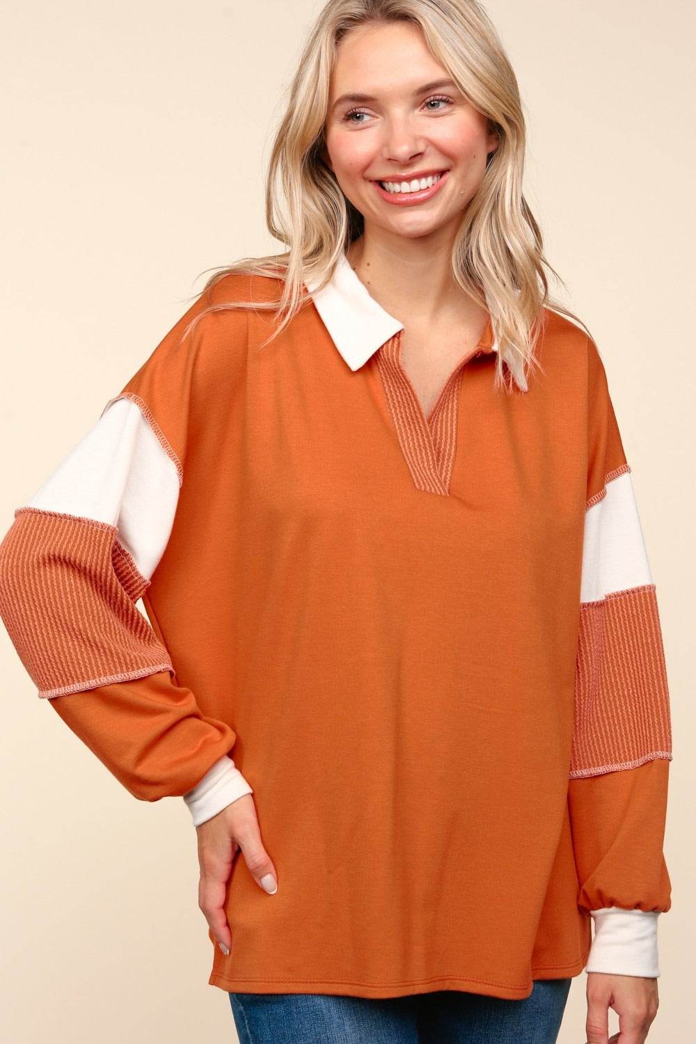 Haptics Color Block Exposed Seam Long Sleeve Top - Delanoir