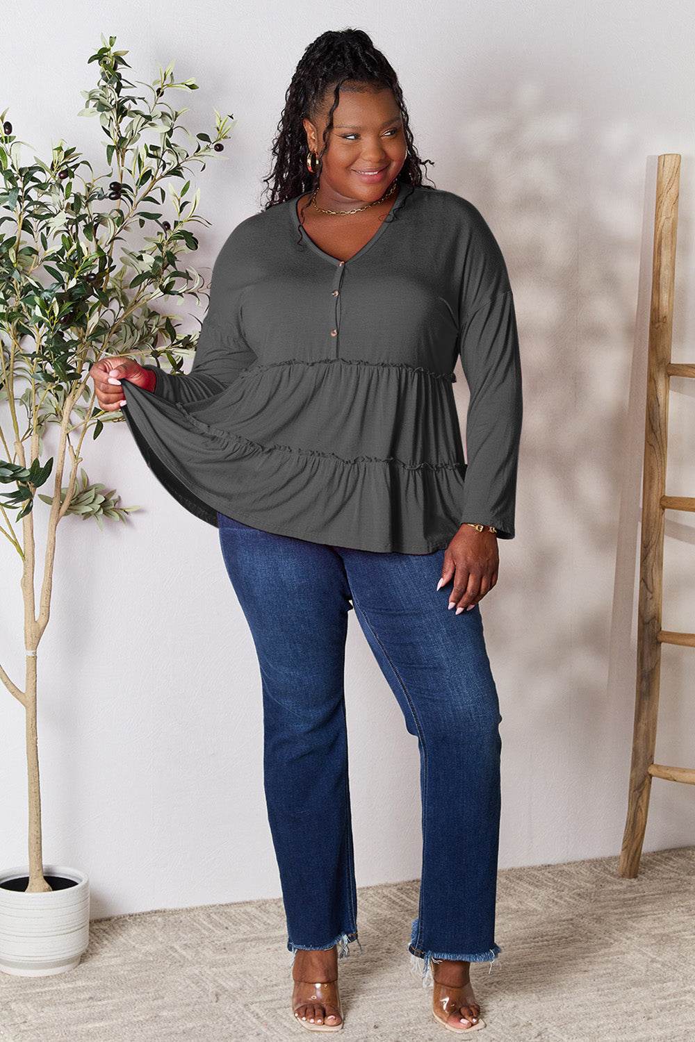 Double Take Half Button Long Sleeve Ruffle Hem Blouse - Delanoir