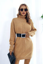Openwork Turtleneck Long Sleeve Sweater Dress - Delanoir