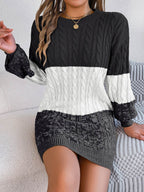 Cable-Knit Round Neck Color Block Sweater Dress - Delanoir