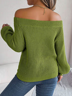 Openwork Off-Shoulder Long Sleeve Sweater - Delanoir