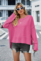 High-Low Slit Round Neck Long Sleeve Sweater - Delanoir