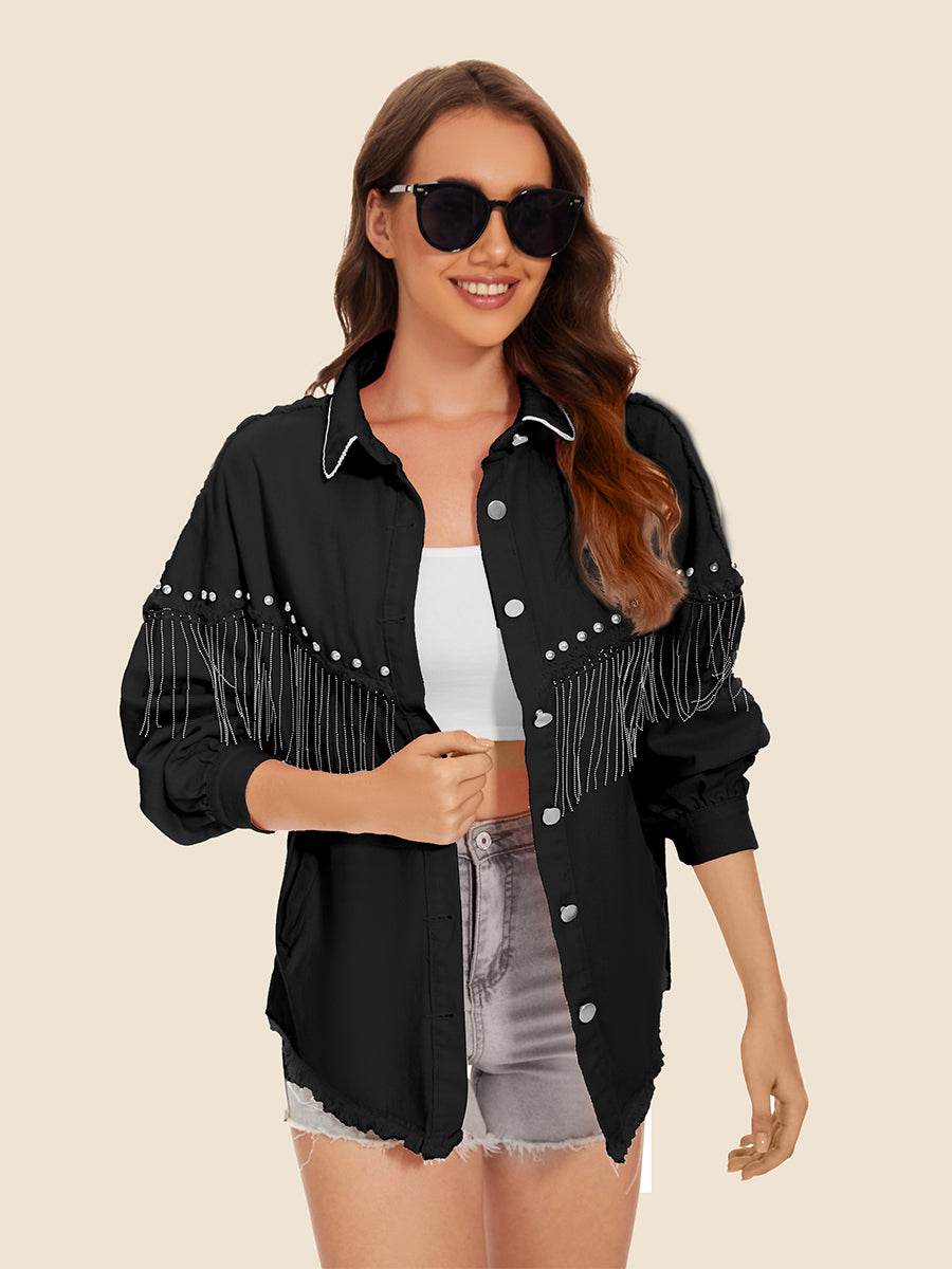 Raw Hem Fringe Detail Denim Jacket - Delanoir