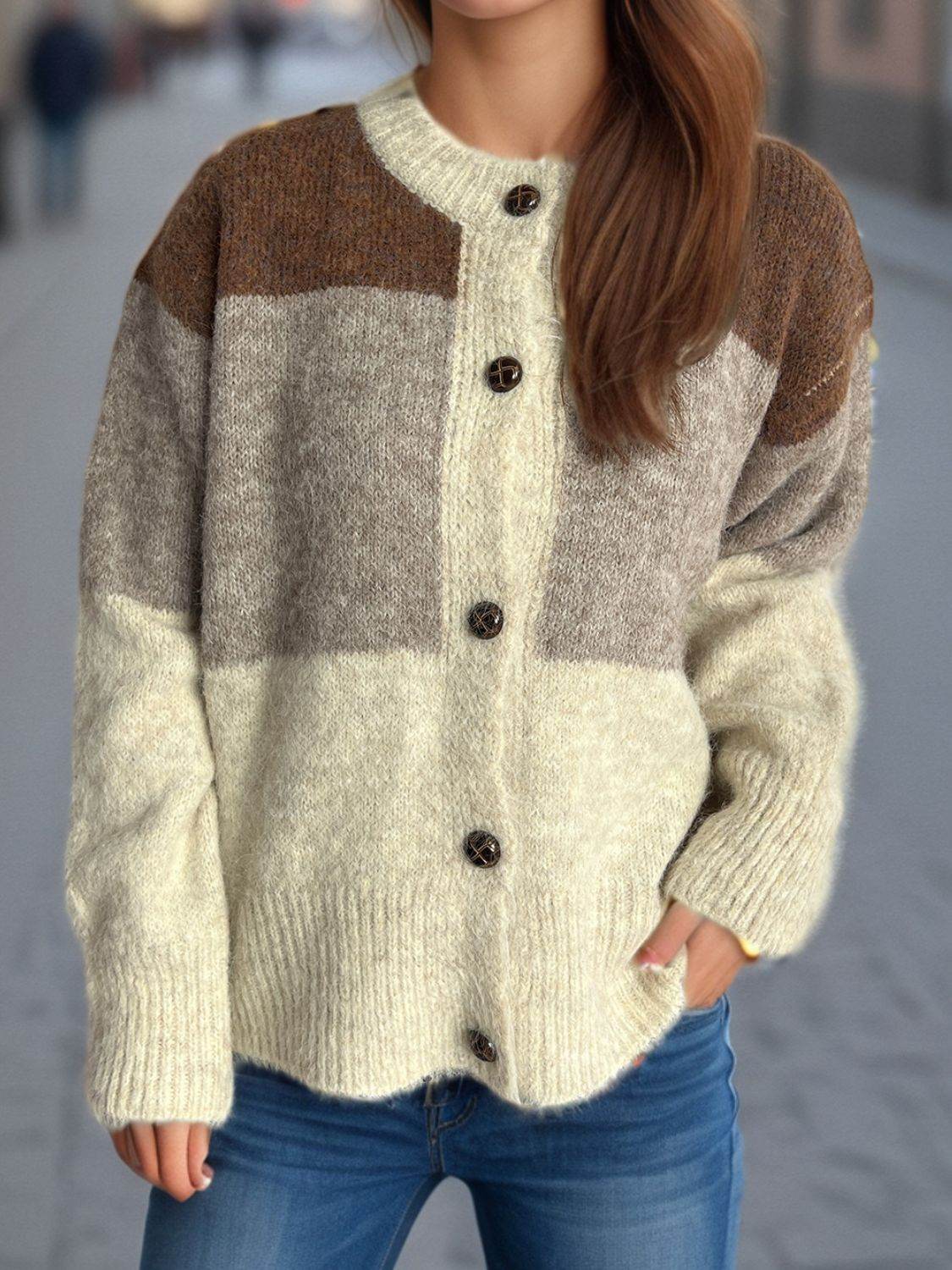 Color Block Round Neck Button Up Cardigan - Delanoir
