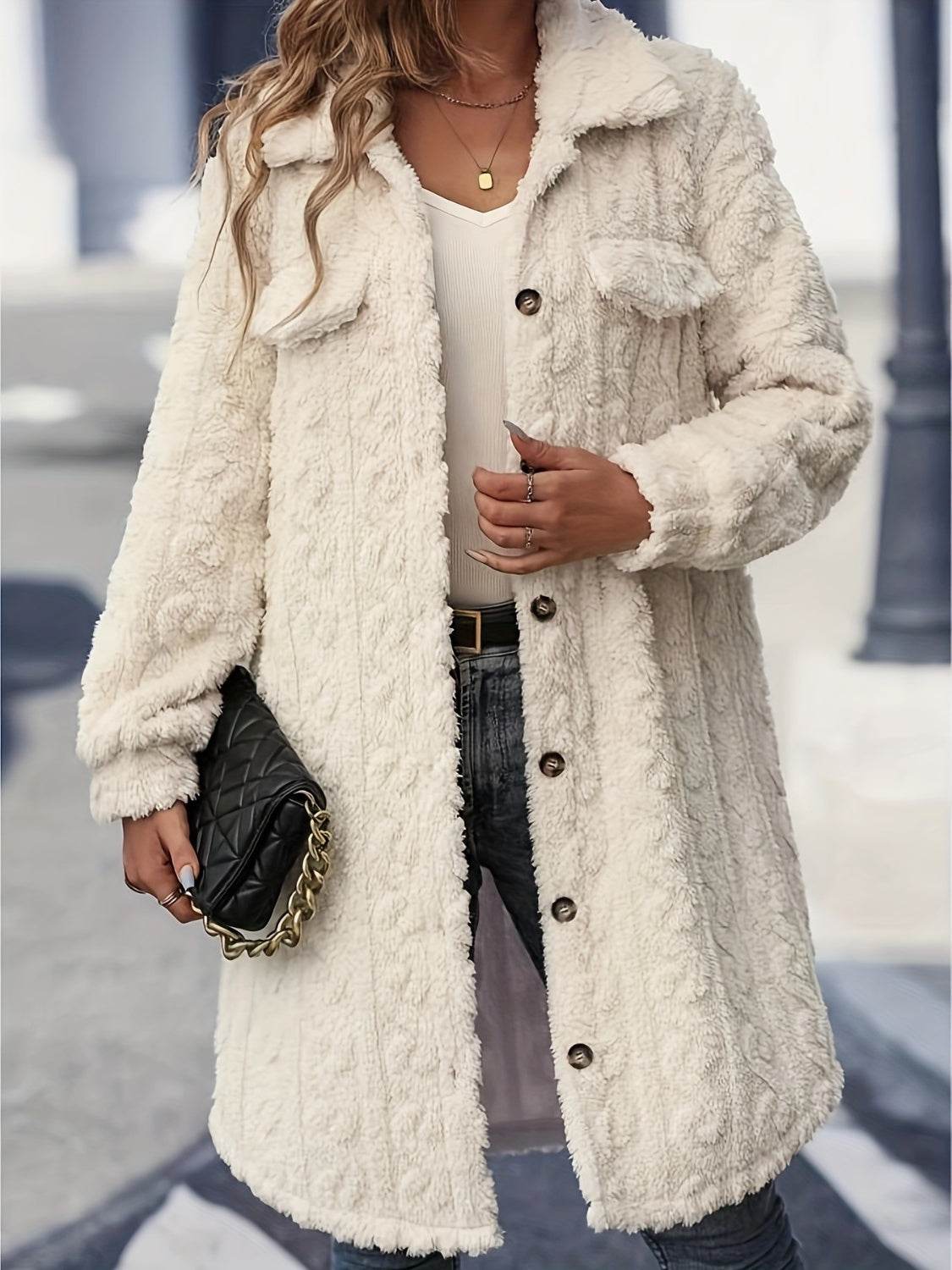Fuzzy Button Up Long Sleeve Longline Coat - Delanoir