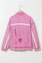 Lace Detail Distressed Raw Hem Long Sleeve Denim Jacket - Delanoir