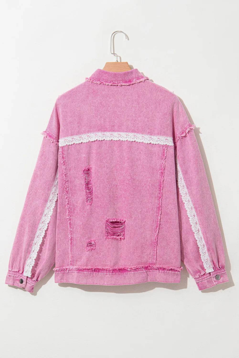 Lace Detail Distressed Raw Hem Long Sleeve Denim Jacket - Delanoir