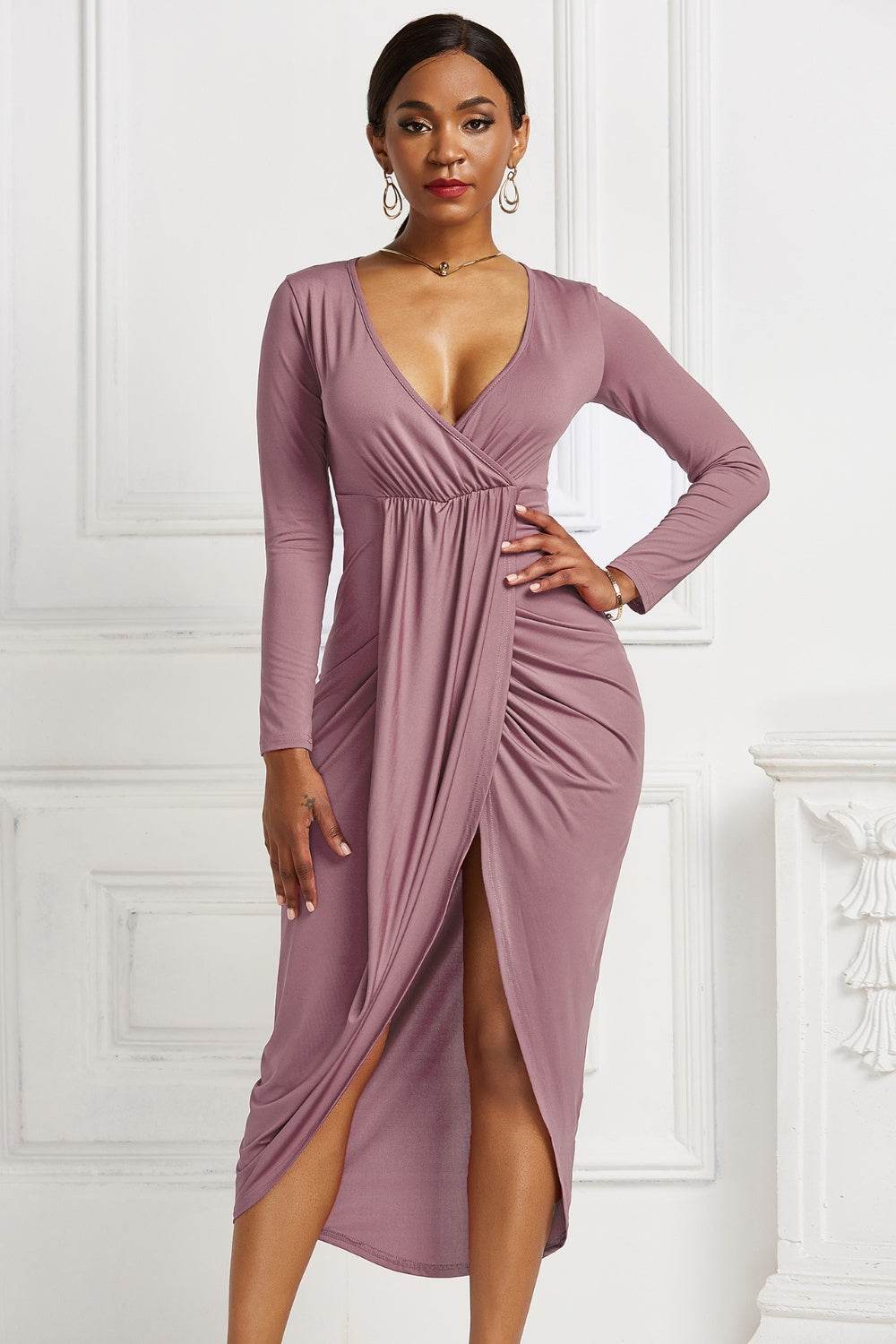 High-low Ruched Surplice Long Sleeve Dress - Delanoir