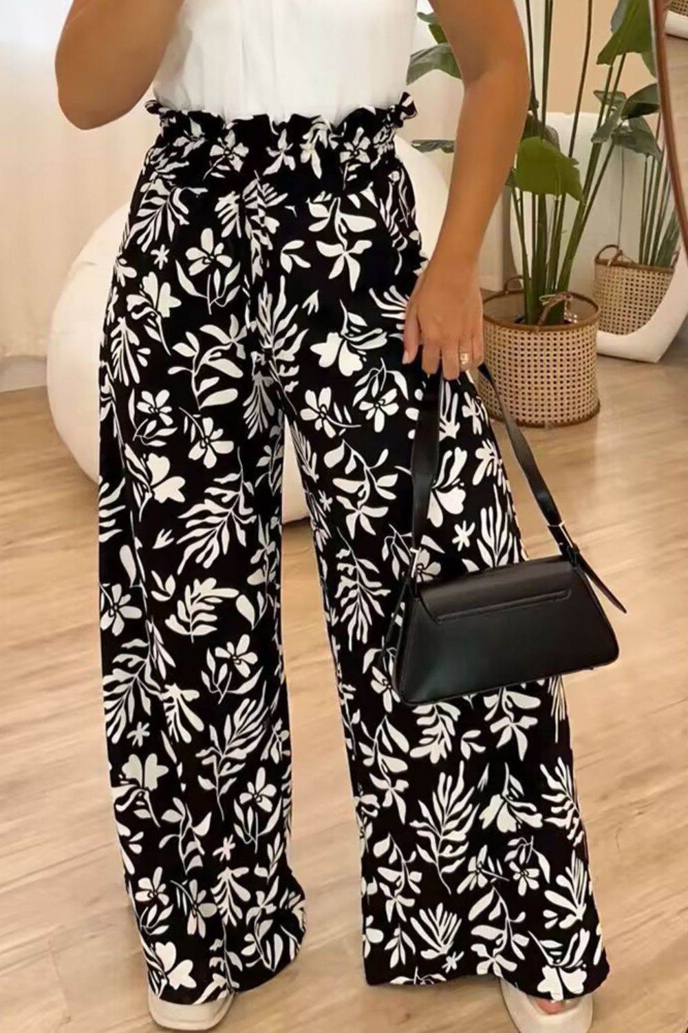 Full Size Printed High Waist Wide Leg Pants - Delanoir