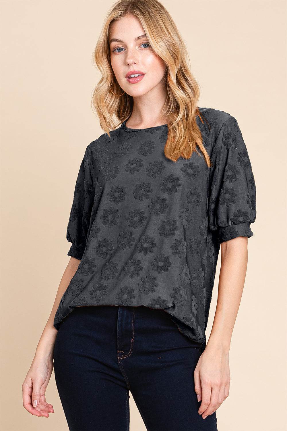 BOMBOM Textured Floral Pattern Top - Delanoir