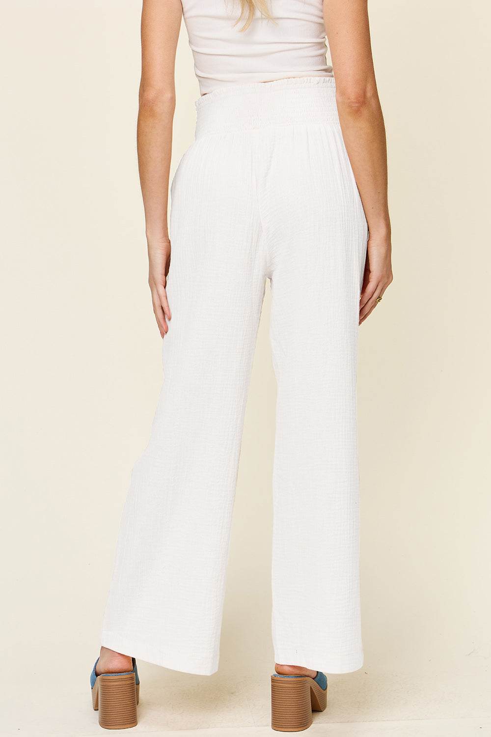 Double Take Full Size Texture Smocked Waist Wide Leg Pants - Delanoir
