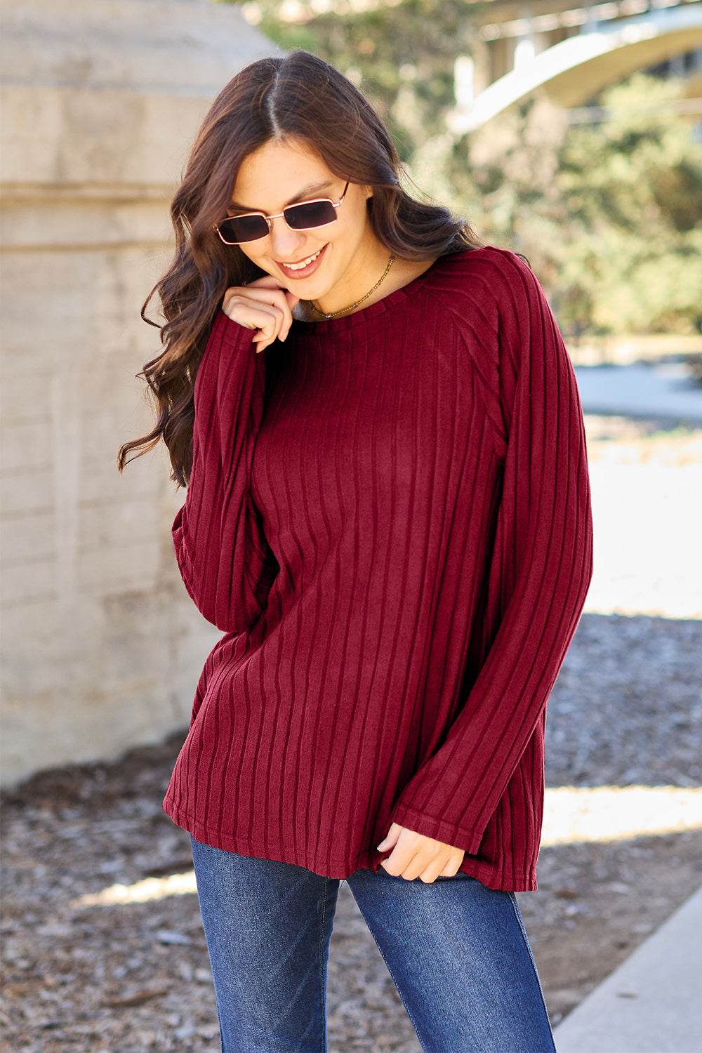 Basic Bae Full Size Ribbed Round Neck Long Sleeve Knit Top - Delanoir