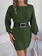 Cable-Knit Round Neck Sweater Dress - Delanoir