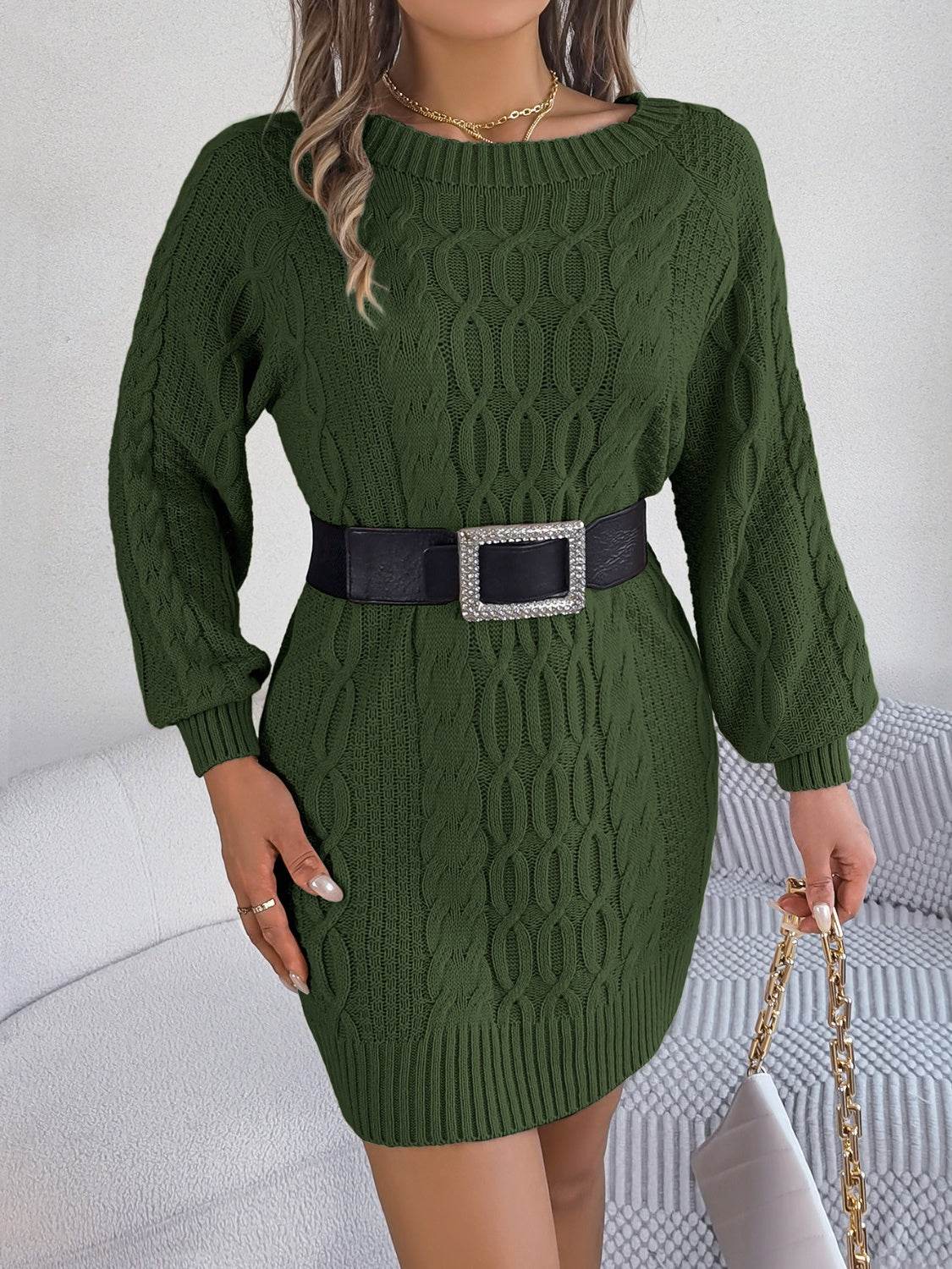 Cable-Knit Round Neck Sweater Dress - Delanoir