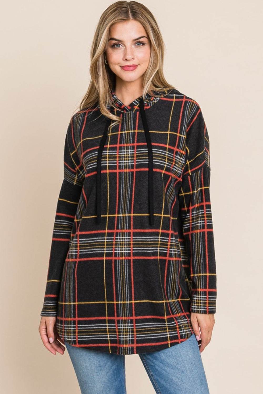 BOMBOM Drawstring Plaid Long Sleeve Hoodie - Delanoir
