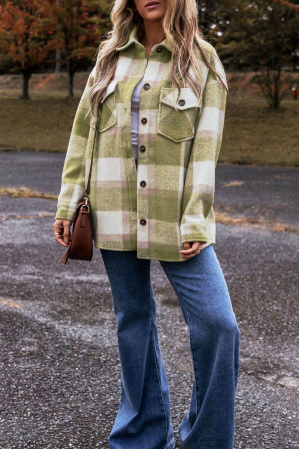 Pocketed Plaid Collared Neck Shacket - Delanoir