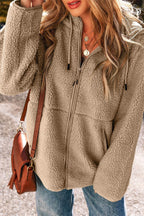 Drawstring Fleece Zip Up Hooded Jacket - Delanoir