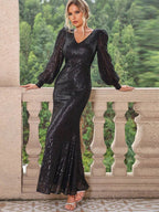 Sequin V-Neck Lantern Sleeve Maxi Dress - Delanoir