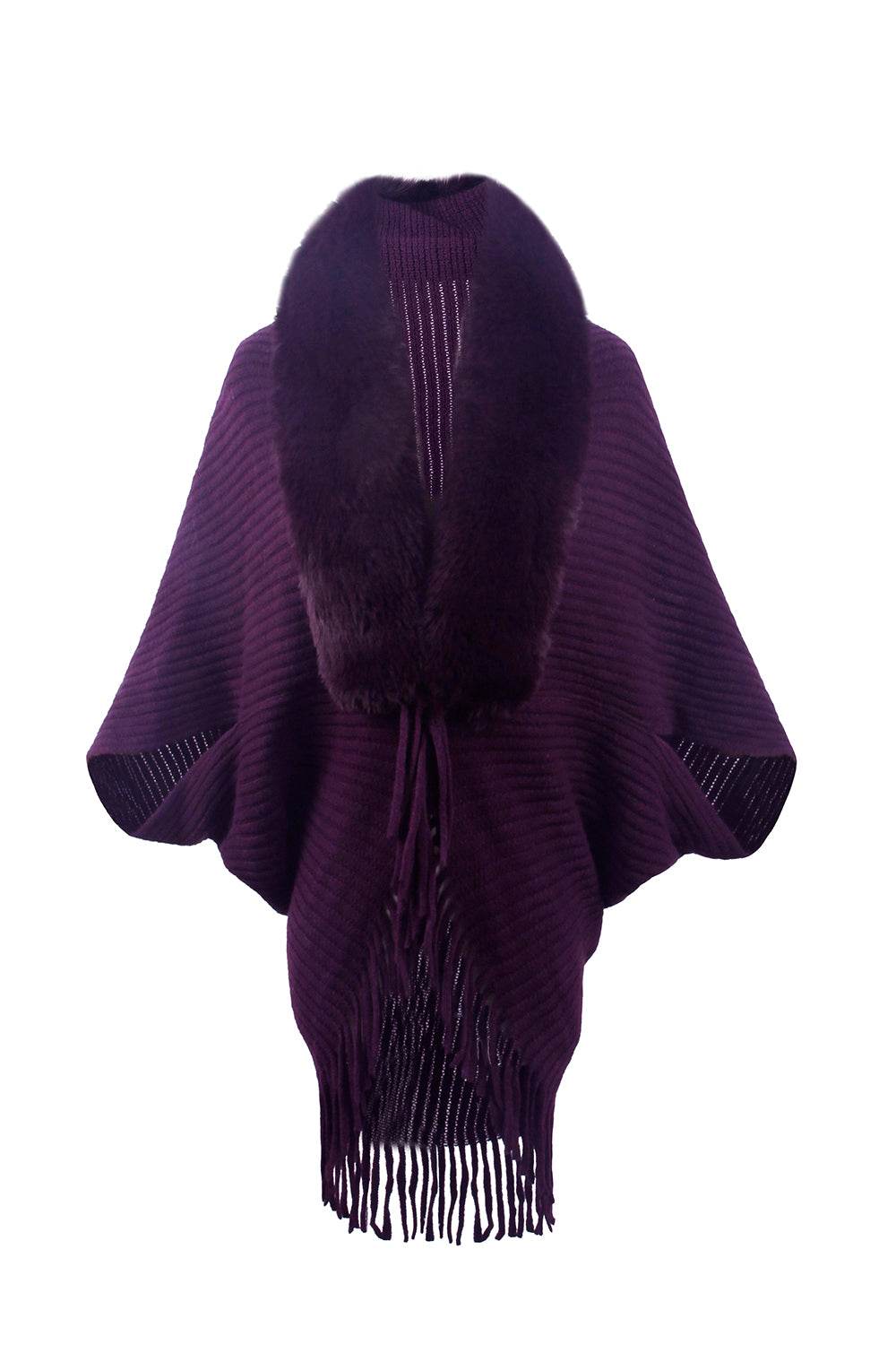 Fringe Detail Long Sleeve Ribbed Poncho - Delanoir