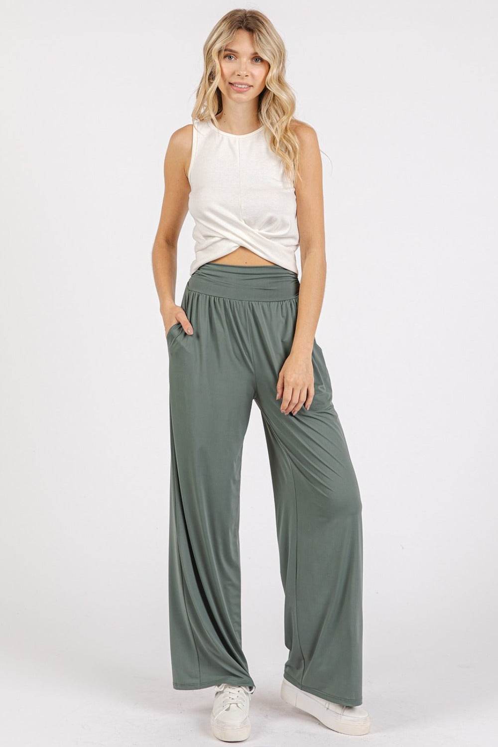 Mittoshop Stretch Banded Waist Wide Leg Pants with Pockets - Delanoir