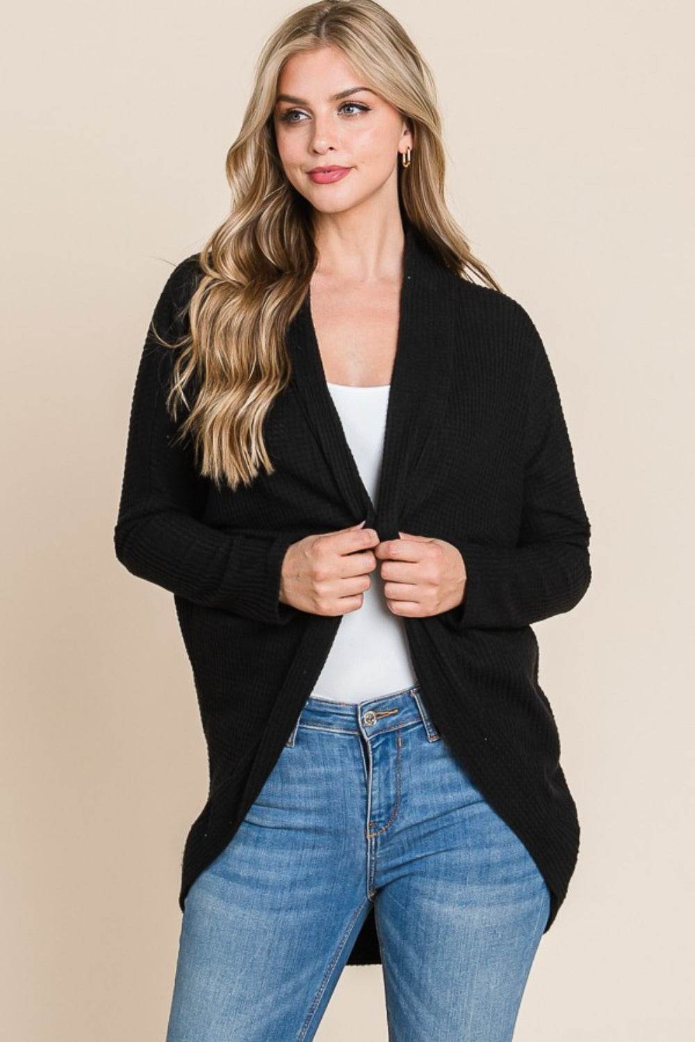 BOMBOM Open Front Waffle Knit Cocoon Cardigan - Delanoir