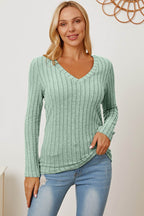 Basic Bae Full Size Ribbed V-Neck Long Sleeve T-Shirt - Delanoir