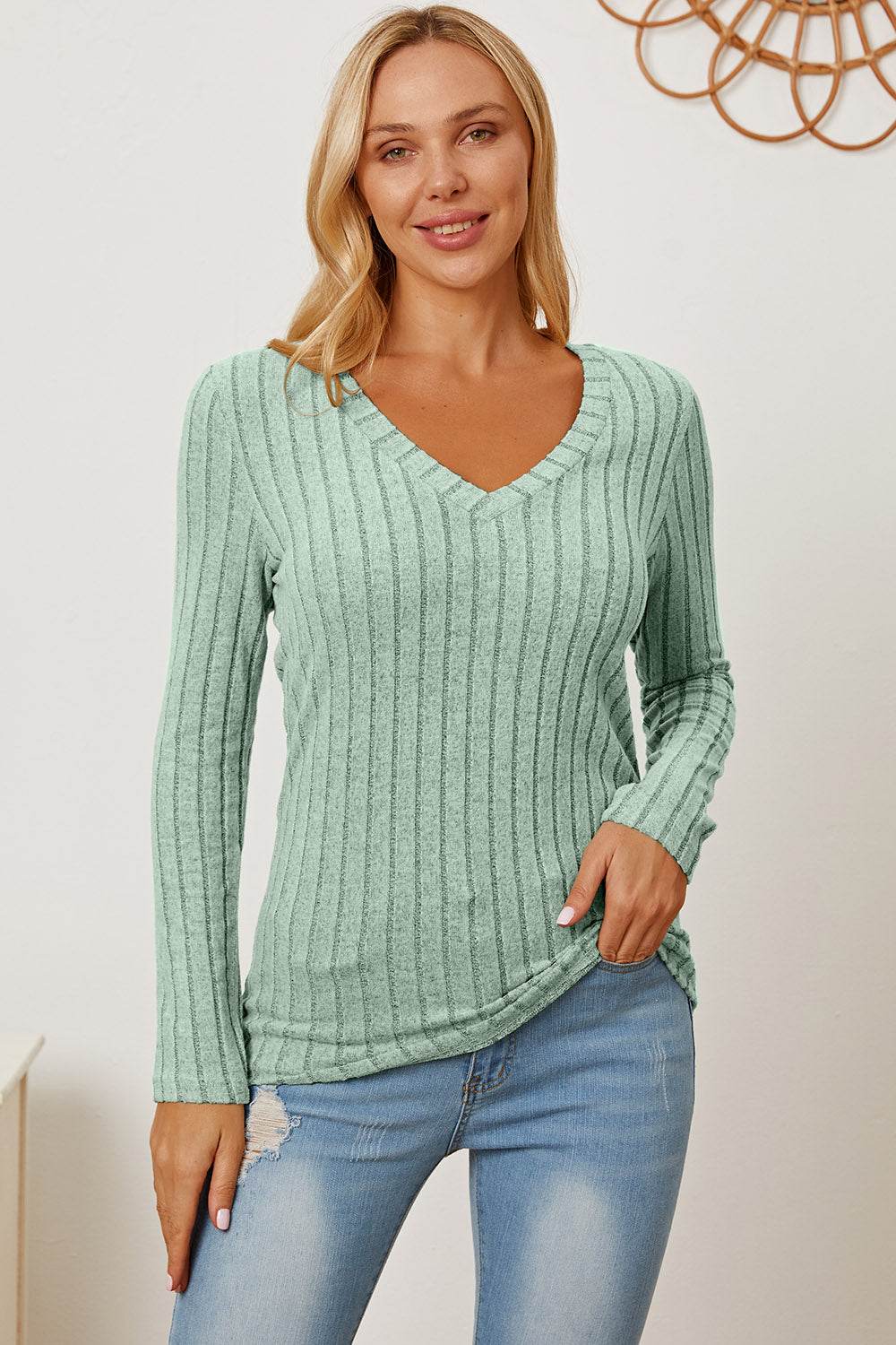 Basic Bae Full Size Ribbed V-Neck Long Sleeve T-Shirt - Delanoir