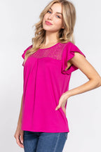 ACTIVE BASIC Ruffle Short Sleeve Lace Detail Knit Top - Delanoir