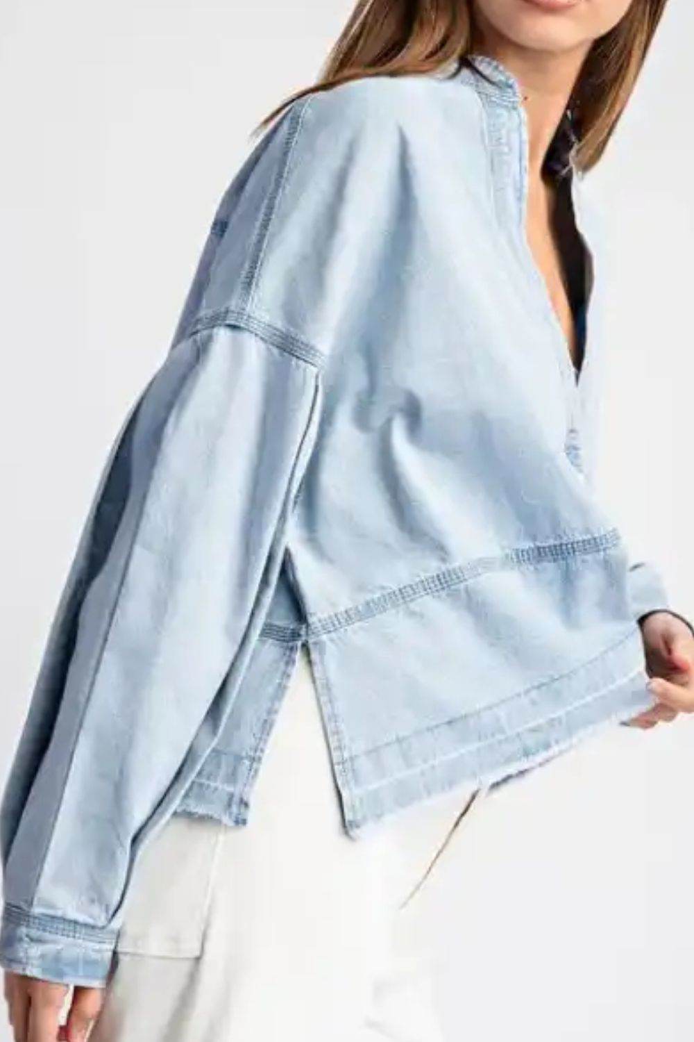 Slit Raw Hem Notched Denim Top - Delanoir