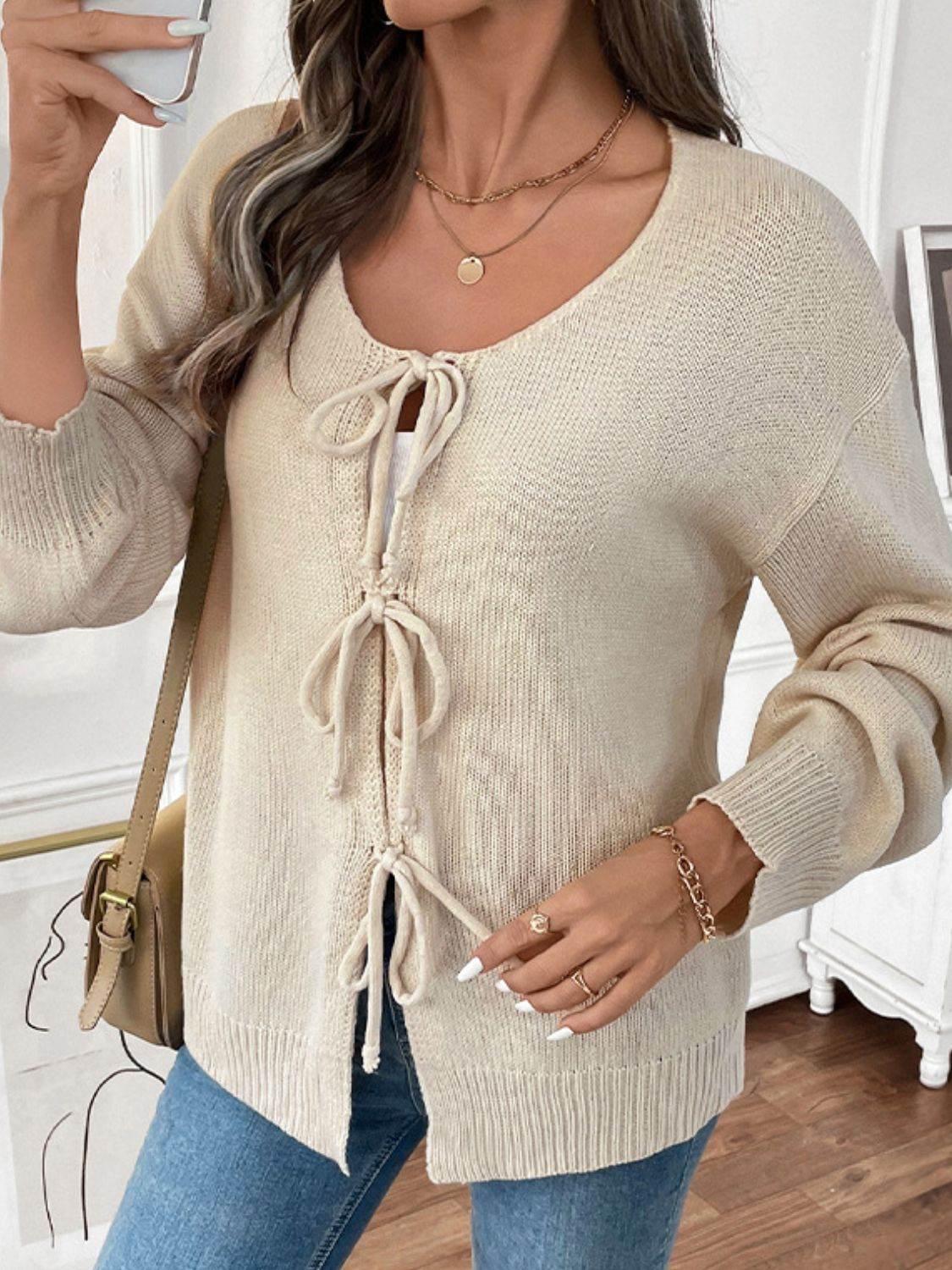 Perfee Tied Round Neck Long Sleeve Cardigan - Delanoir