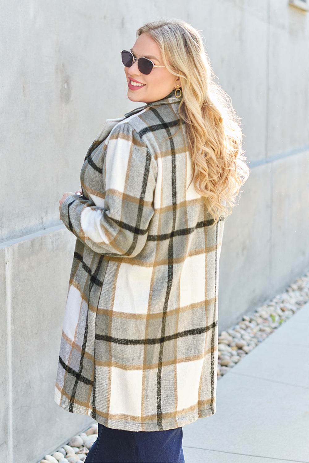 Double Take Full Size Plaid Button Up Lapel Collar Coat - Delanoir