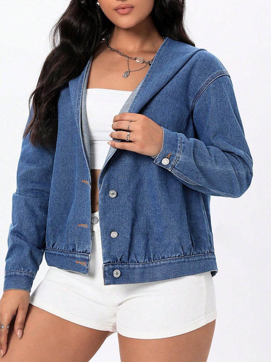 Button Up Hooded Denim Top - Delanoir