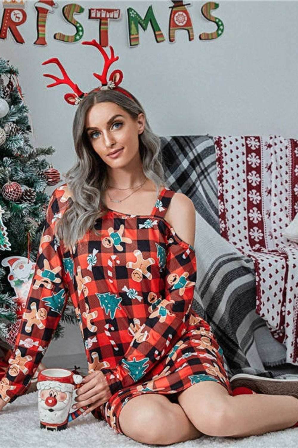 Christmas Asymmetrical Neck Long Sleeve Dress - Delanoir